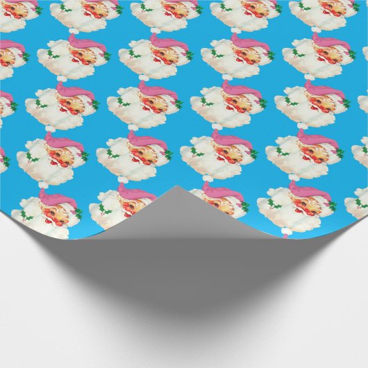 Grappige Retro Blauwe Kerstman Gezicht Kerstmis Cadeaupapier (Hoek)