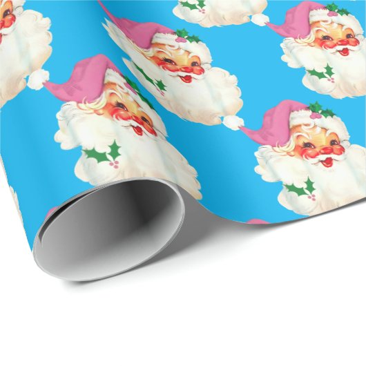 Grappige Retro Blauwe Kerstman Gezicht Kerstmis Cadeaupapier (Rol Hoek)