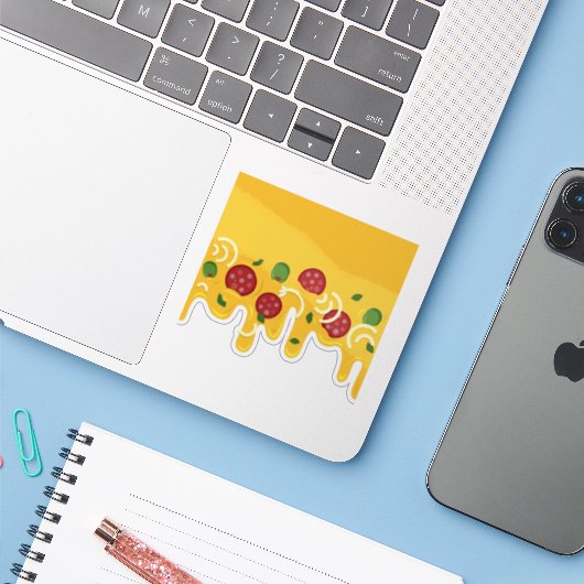 Grappige Retro Druppelende Pizza Kaas Keto Feest Sticker (Laptop met iPhone)