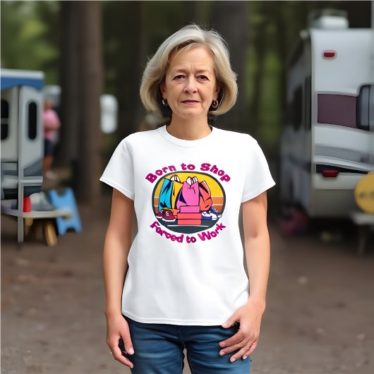 Grappige retro geboren om te winkelen, gedwongen o t-shirt