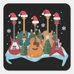 Grappige Retro Gitaar Kerstboom Kerstmis Xmas Vierkante Sticker