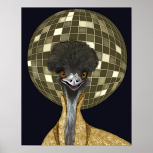 Grappige Retro Gouden Disco Bal Emu Bird Poster