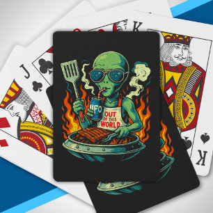 Grappige Retro Groene Alien UFO BBQ Gril Zonnebril Pokerkaarten