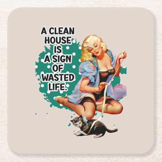 Grappige Retro Huisvrouw Pi-up Meisje Kunst Kartonnen Onderzetters (Voorkant)