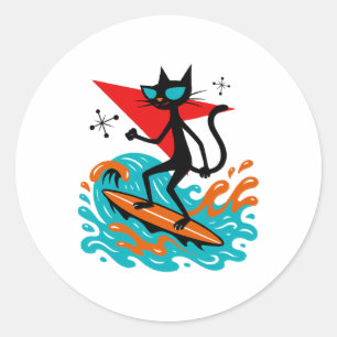Grappige Retro Kat Surft Midcentury Mid Century Su Ronde Sticker