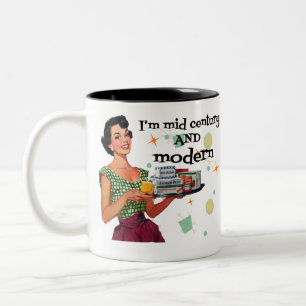 Grappige retro midden van de eeuw tweekleurige koffiemok