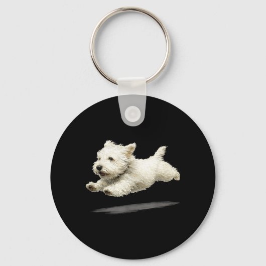 Grappige Retro Mopshond Kunst Witte Puppy Sleutelhanger (Voorkant)