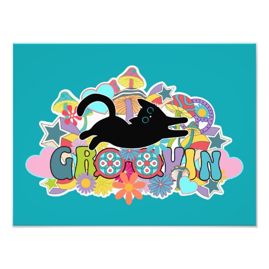 Grappige Retro Paddenstoelen Groovin Bloemen Zwart Foto Afdruk (Voorkant)