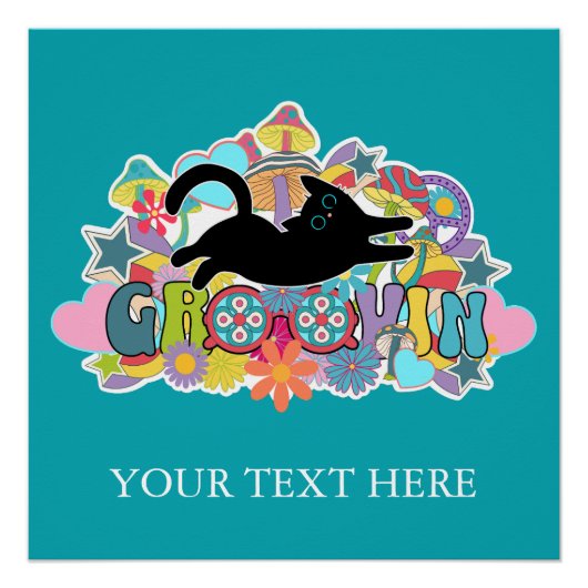 Grappige Retro Paddenstoelen Groovin Bloemen Zwart Perfect Poster (Voorkant)