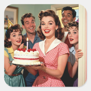 Grappige Retro Pop Art Verjaardagsfeest Verrassing Vierkante Sticker
