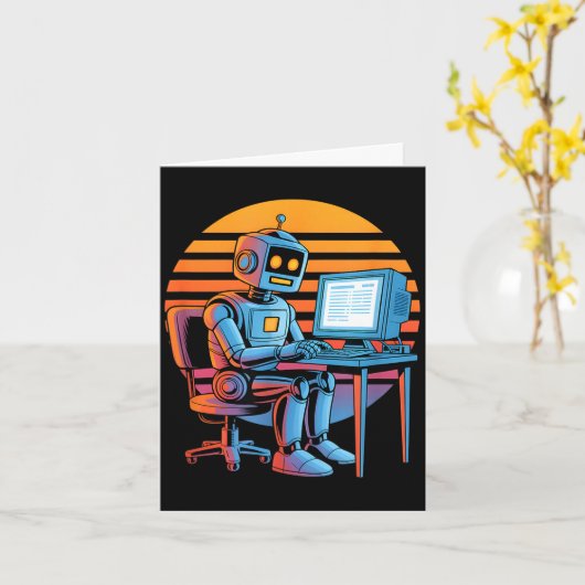 Grappige retro robot codeer computer scherm Grappi Kaart (Gele Bloem)