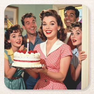 Grappige Retro Vrienden die een Verjaardag Vieren Kartonnen Onderzetters