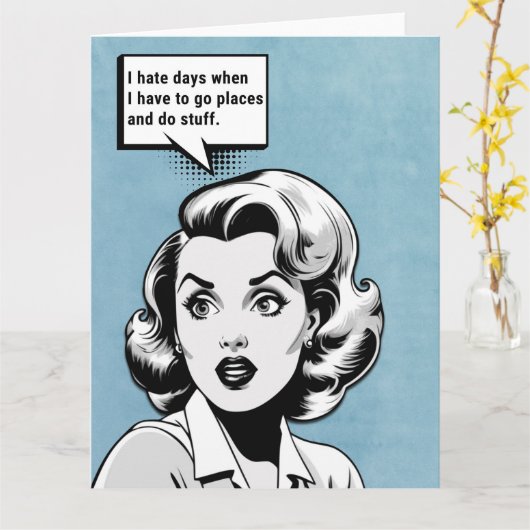 Grappige retro vrouw kaart (Gele Bloem)