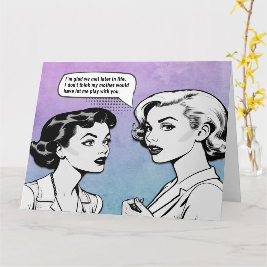 Grappige retro vrouwen kaart (Gele Bloem)