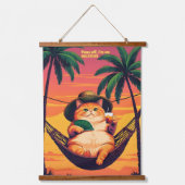 Grappige Retro Zomer Kat Vakantie Hangend Wandkleed (Voorkant)