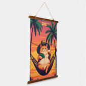 Grappige Retro Zomer Kat Vakantie Hangend Wandkleed (Gebogen)