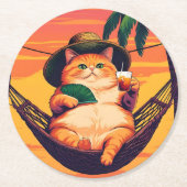 Grappige Retro Zomer Kat Vakantie Ronde Kartonnen Onderzetter (Voorkant)
