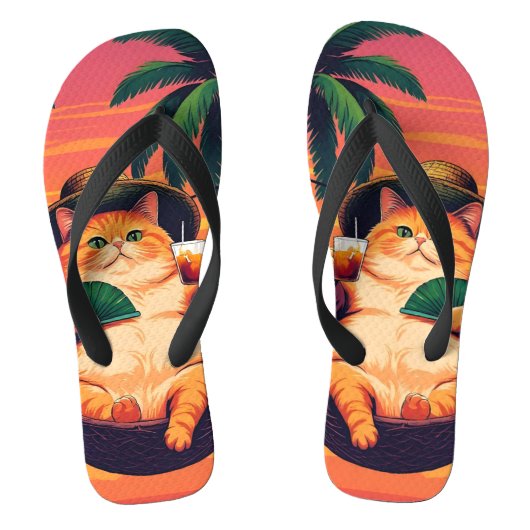 Grappige Retro Zomer Kat Vakantie Teenslippers (Voetbed)