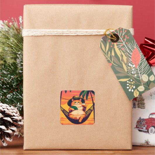 Grappige Retro Zomer Kat Vakantie Vierkante Sticker (Feestdagen)