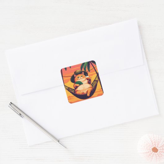 Grappige Retro Zomer Kat Vakantie Vierkante Sticker (Envelop)