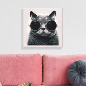 Grappige Retro Zwarte Kat met Donkere Zonnebril Canvas Afdruk (Insitu (Woonkamer))
