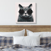 Grappige Retro Zwarte Kat met Donkere Zonnebril Canvas Afdruk (Insitu (Slaapkamer))