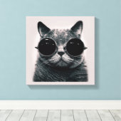 Grappige Retro Zwarte Kat met Donkere Zonnebril Canvas Afdruk (Insitu (Houten vloer))