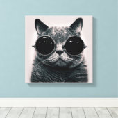 Grappige Retro Zwarte Kat met Donkere Zonnebril Canvas Afdruk (Insitu (Houten vloer))
