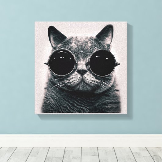 Grappige Retro Zwarte Kat met Donkere Zonnebril Canvas Afdruk (Insitu (Houten vloer))