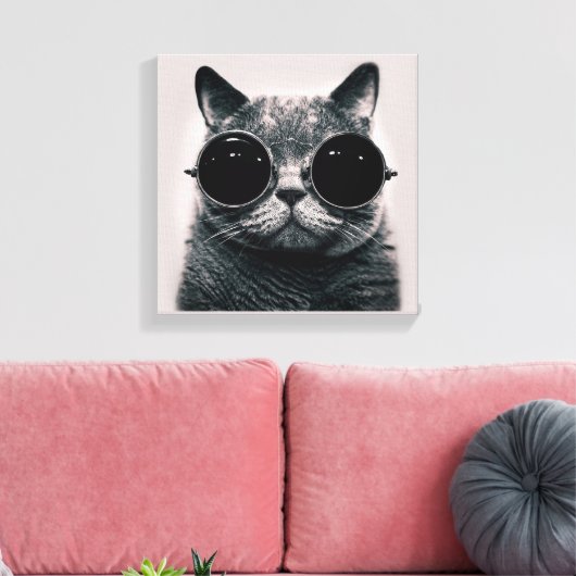 Grappige Retro Zwarte Kat met Donkere Zonnebril Canvas Afdruk (Insitu (Woonkamer))