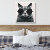 Grappige Retro Zwarte Kat met Donkere Zonnebril Canvas Afdruk (Insitu (Slaapkamer))