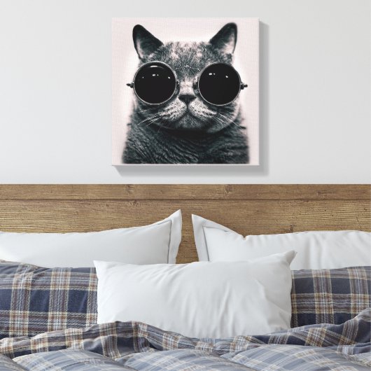 Grappige Retro Zwarte Kat met Donkere Zonnebril Canvas Afdruk (Insitu (Slaapkamer))