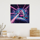 Grappige reuzenkat en dinosaurussen in de ruimte poster (Keuken)