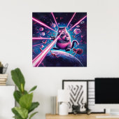 Grappige reuzenkat en dinosaurussen in de ruimte poster (Thuiskantoor)