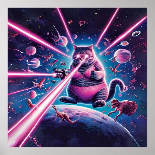 Grappige reuzenkat en dinosaurussen in de ruimte poster (Voorkant)