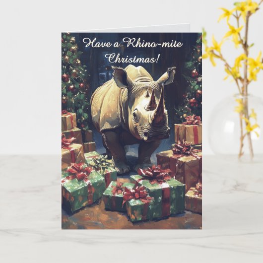Grappige Rhino kerst Kaart (Gele Bloem)