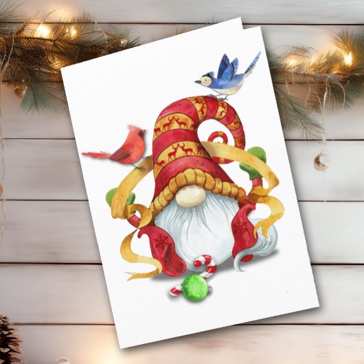 Grappige Ribbon Gnome met Vogels Gevouwen Kerstmis Feestdagen Kaart