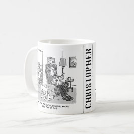 Grappige Robot Cartoon. Vrouw ligt in bed met een Koffiemok