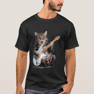 Grappige Rockster Kat Speelt Elektrische Gitaar Mu T-shirt