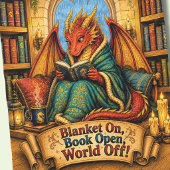 Grappige rode draak met deken op boek open wereld