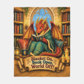 Grappige rode draak met deken op boek open wereld (Voorkant)