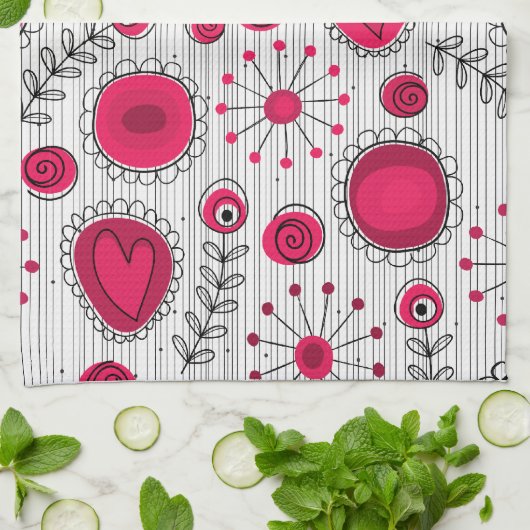 Grappige rode en witte harten en bloemen theedoek (Gevouwen)