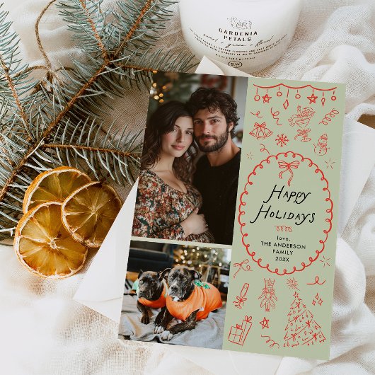 Grappige rode groene hand getekend pictogrammen 2  feestdagenkaart