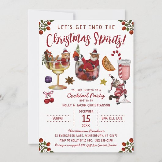 Grappige Rode Kat Kerstmis Spirit Cocktail Party Kaart (Voorkant)