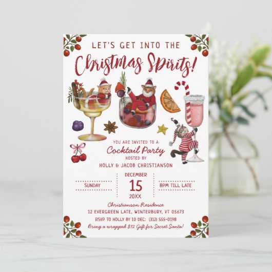 Grappige Rode Kat Kerstmis Spirit Cocktail Party Kaart (Staand voorkant)
