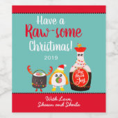 Grappige rode Kawaii Sushi Pun Vrolijke Kerstvakan Wijn Etiket (Enkel label)