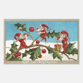 GRAPPIGE RODE KERST ELVEN SCHILDEREN HOLLYBERRIES RECHTHOEKIGE STICKER