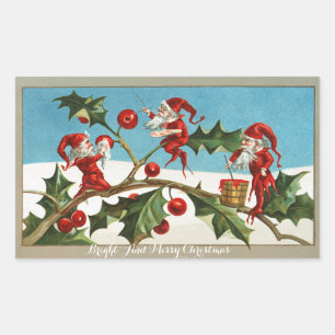 GRAPPIGE RODE KERST ELVEN SCHILDEREN HOLLYBERRIES RECHTHOEKIGE STICKER