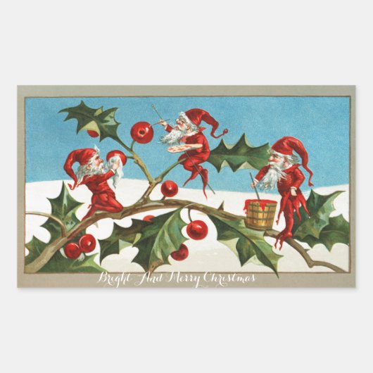 GRAPPIGE RODE KERST ELVEN SCHILDEREN HOLLYBERRIES RECHTHOEKIGE STICKER (Voorkant)