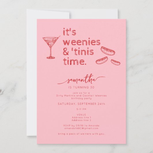 Grappige Rode Roze Weenies & Tinis Martini Verjaar Kaart (Voorkant)